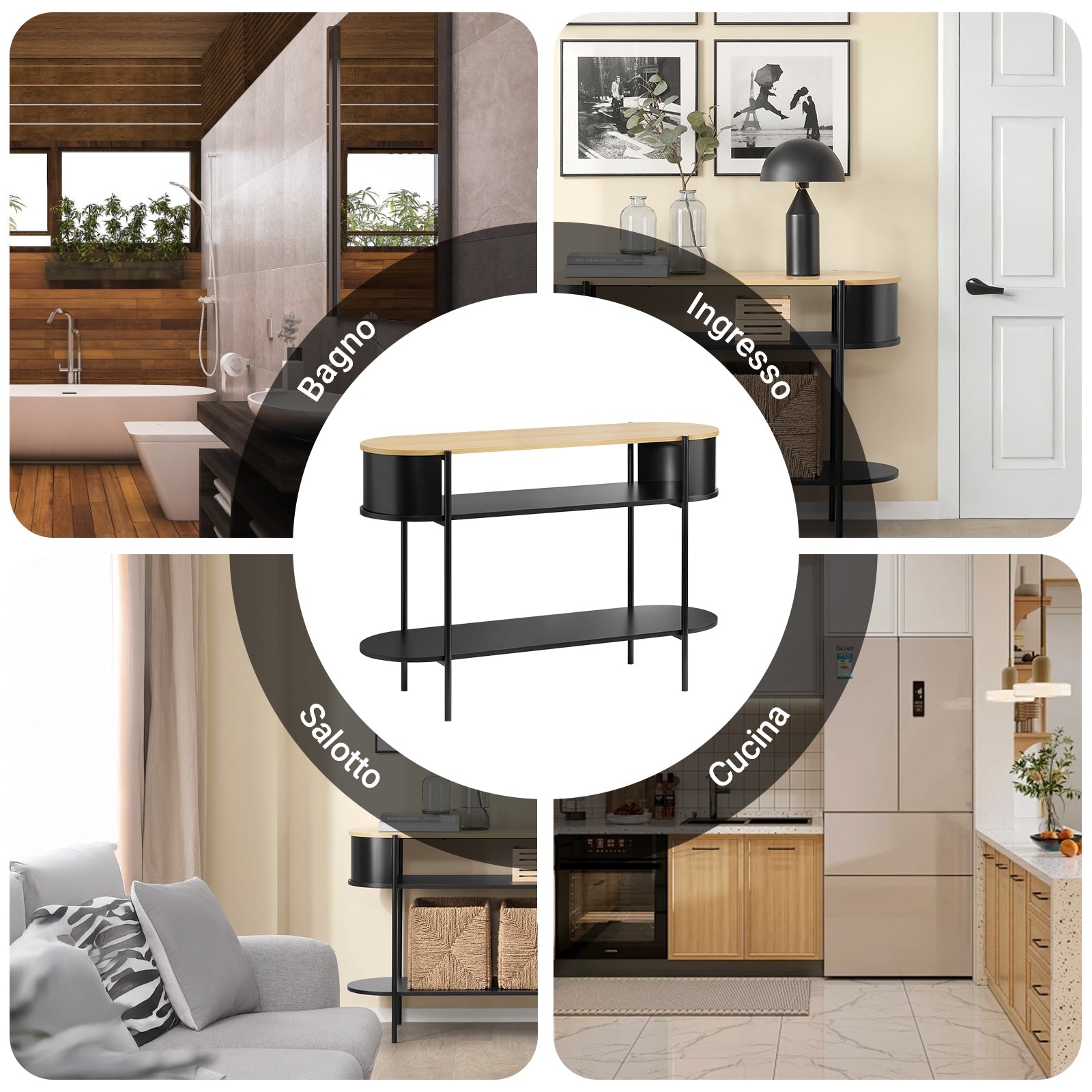 SoBuy Consolle Ingresso Tavolo Consolle Salvaspazio in Legno Chiaro e Metallo Nero, Mobile Ingresso Moderno con Ripiani, Stile Industriale per Corridoio, Soggiorno o Ufficio 110×39×76 cm FSB102-SCH