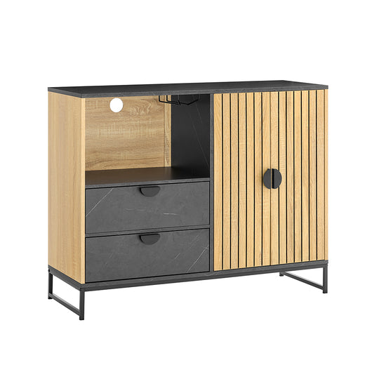 SoBuy mobile cucina salvaspazio, mobiletto cucina – credenza cucina e madia soggiorno con vano microonde Ø6cm, 2 cassetti, anta a lamelle, ripiano regolabile, gambe in metallo, 107×40×85 cm FSB103-N