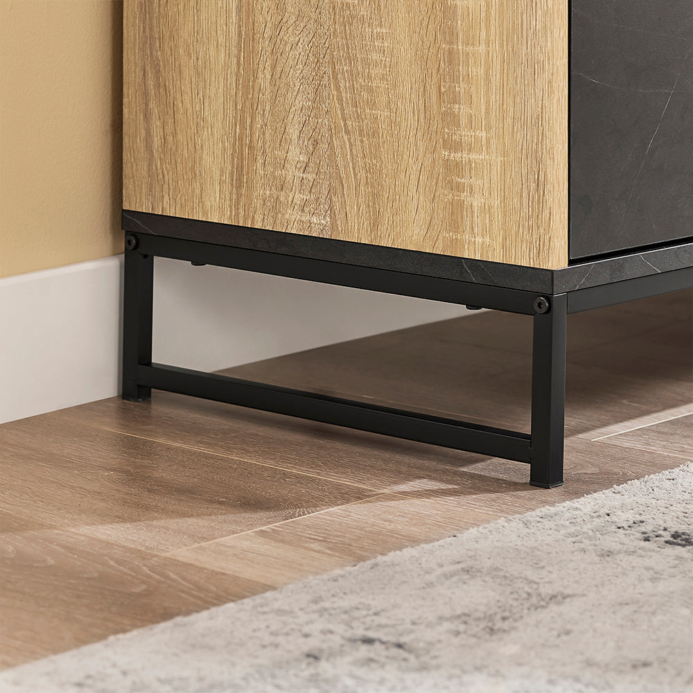 SoBuy mobile cucina salvaspazio, mobiletto cucina – credenza cucina e madia soggiorno con vano microonde Ø6cm, 2 cassetti, anta a lamelle, ripiano regolabile, gambe in metallo, 107×40×85 cm FSB103-N