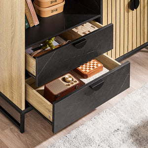 SoBuy mobile cucina salvaspazio, mobiletto cucina – credenza cucina e madia soggiorno con vano microonde Ø6cm, 2 cassetti, anta a lamelle, ripiano regolabile, gambe in metallo, 107×40×85 cm FSB103-N