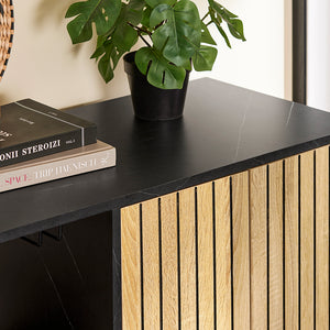 SoBuy mobile cucina salvaspazio, mobiletto cucina – credenza cucina e madia soggiorno con vano microonde Ø6cm, 2 cassetti, anta a lamelle, ripiano regolabile, gambe in metallo, 107×40×85 cm FSB103-N