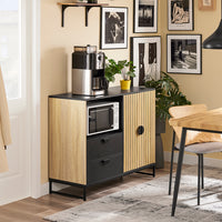 SoBuy mobile cucina salvaspazio, mobiletto cucina – credenza cucina e madia soggiorno con vano microonde Ø6cm, 2 cassetti, anta a lamelle, ripiano regolabile, gambe in metallo, 107×40×85 cm FSB103-N