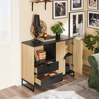 SoBuy mobile cucina salvaspazio, mobiletto cucina – credenza cucina e madia soggiorno con vano microonde Ø6cm, 2 cassetti, anta a lamelle, ripiano regolabile, gambe in metallo, 107×40×85 cm FSB103-N