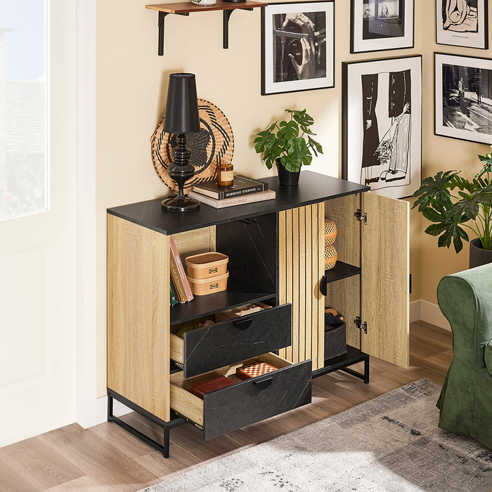 SoBuy mobile cucina salvaspazio, mobiletto cucina – credenza cucina e madia soggiorno con vano microonde Ø6cm, 2 cassetti, anta a lamelle, ripiano regolabile, gambe in metallo, 107×40×85 cm FSB103-N