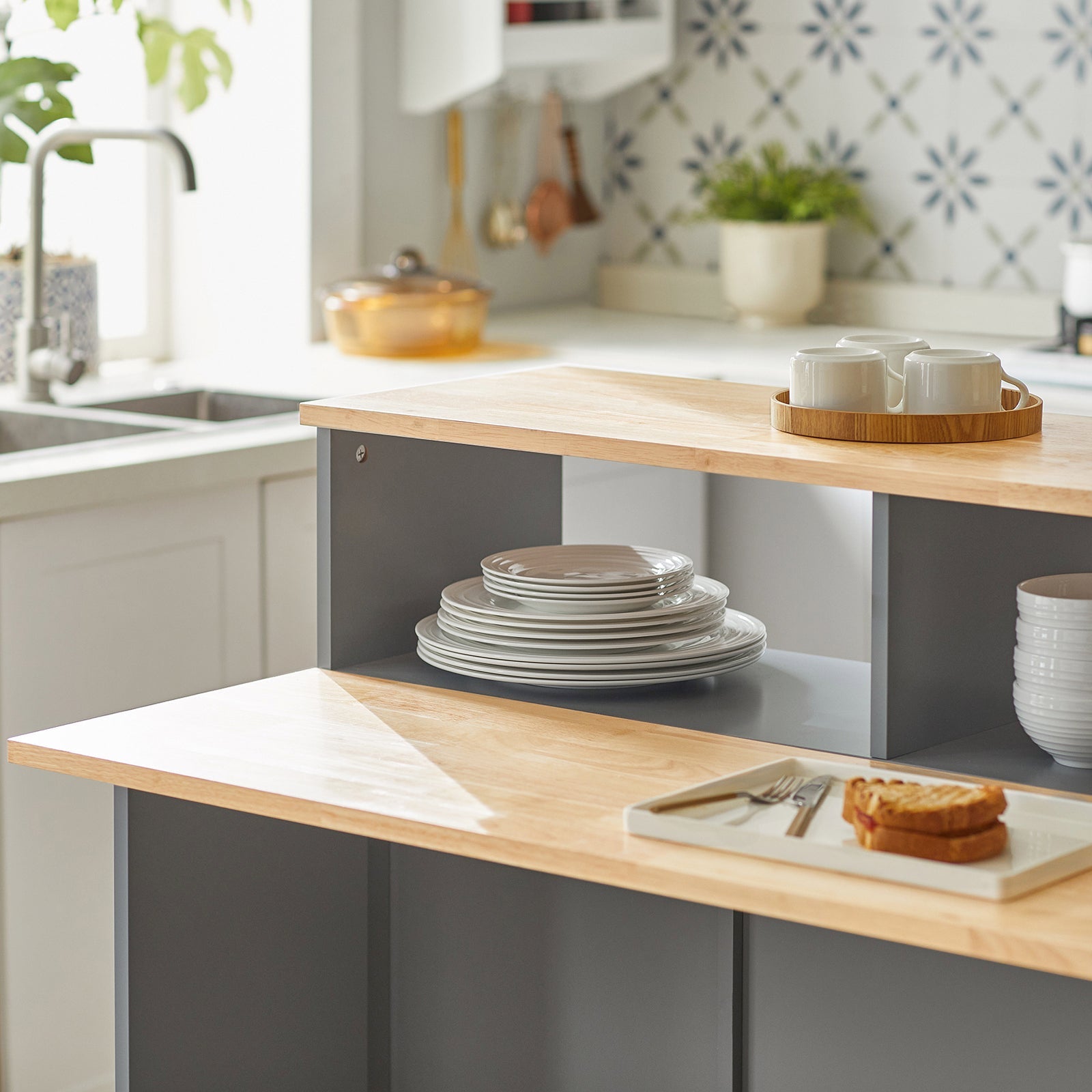 Credenza con ante scorrevoli Isola cucina con piano di lavoro espandibile Credenza cucina Credenza grigio chiaro 110x68x97cm, FSB36-HG