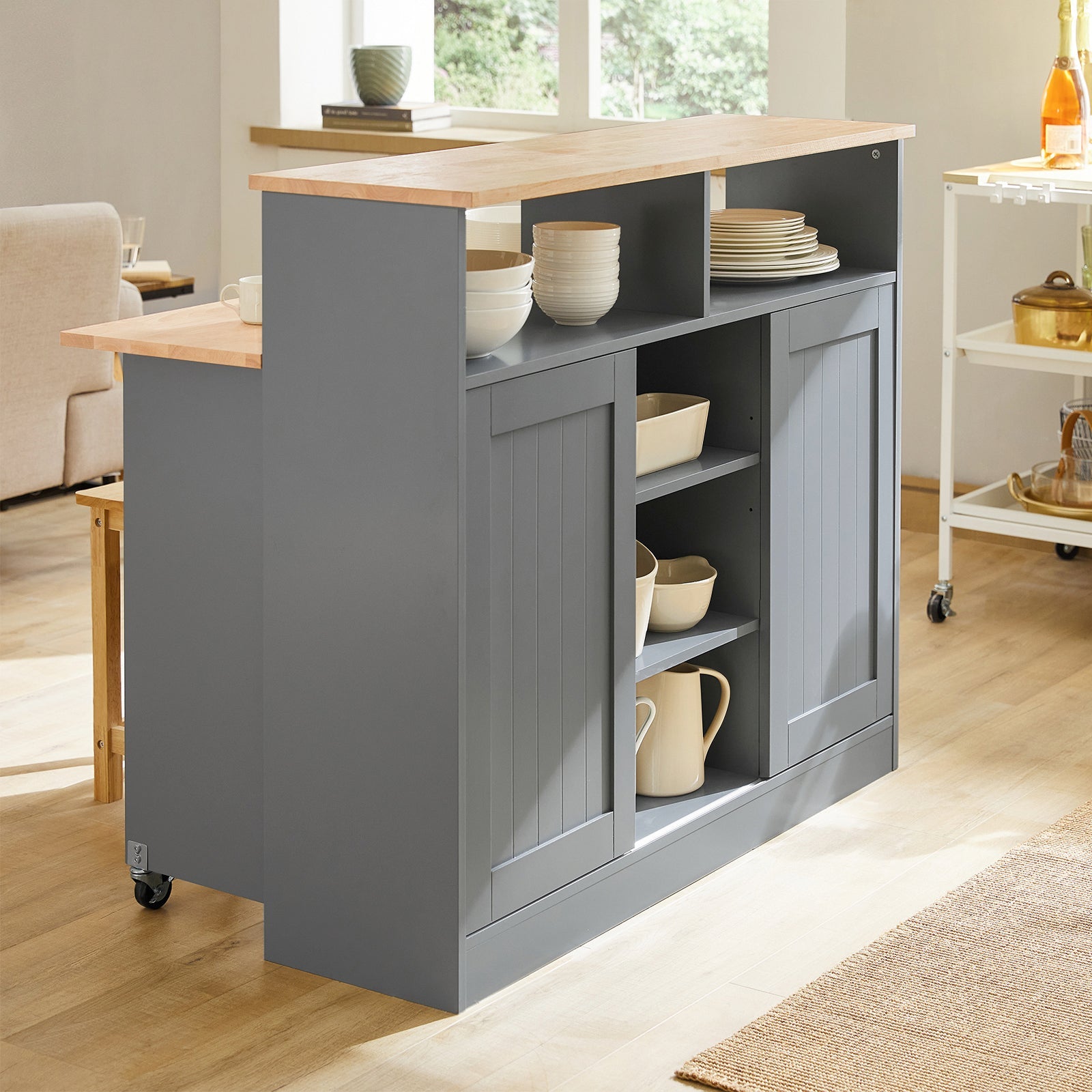 Credenza con ante scorrevoli Isola cucina con piano di lavoro espandibile Credenza cucina Credenza grigio chiaro 110x68x97cm, FSB36-HG