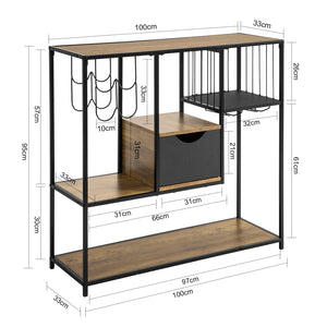 Consolle da Cucina Consolle Tavolo da ingresso Tavolino laterale con 3 ripiani, 1 cassetto, 1 portabottiglie e 2 portabibite stile industriale L100xP33xA95 cm, FSB56-F