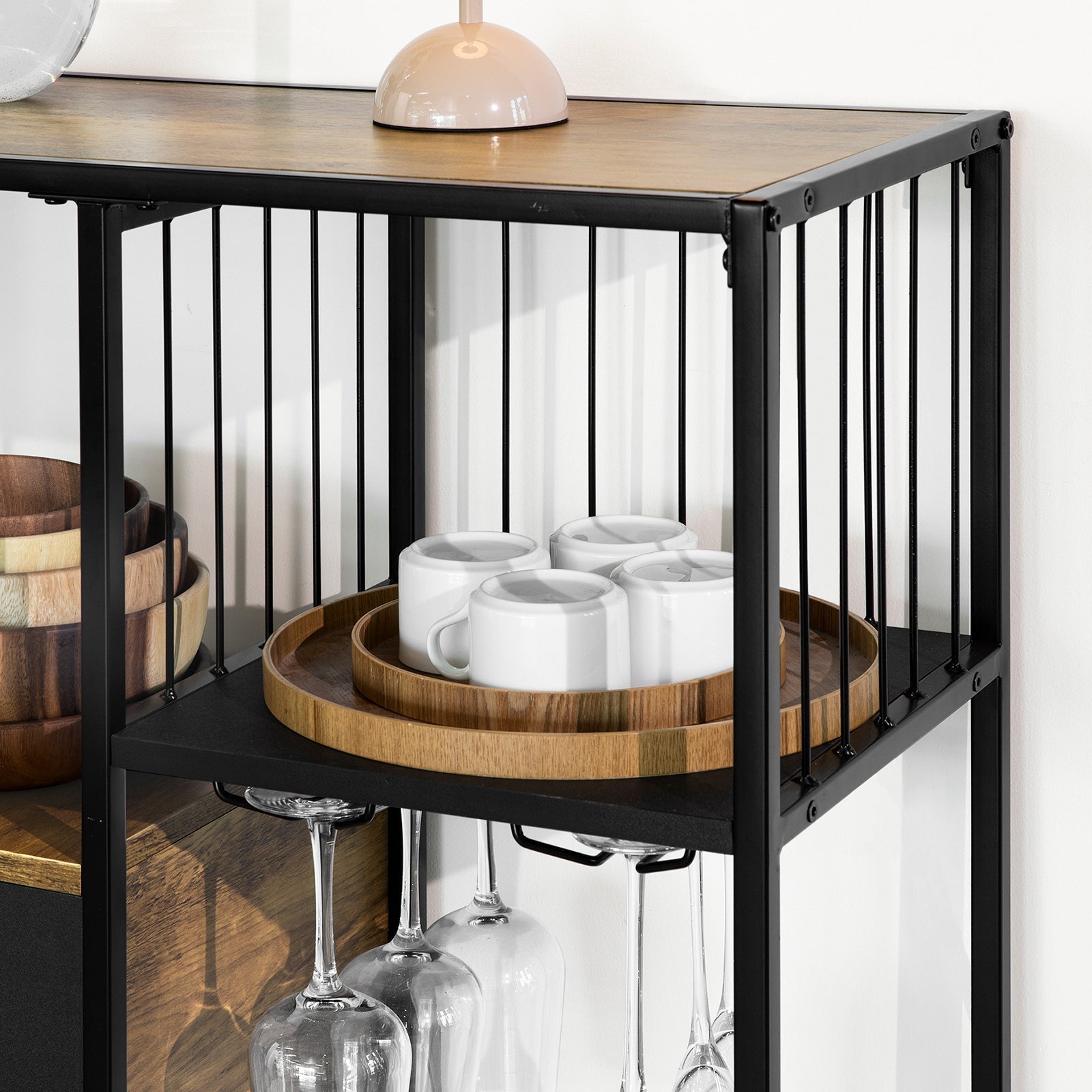 Consolle da Cucina Consolle Tavolo da ingresso Tavolino laterale con 3 ripiani, 1 cassetto, 1 portabottiglie e 2 portabibite stile industriale L100xP33xA95 cm, FSB56-F