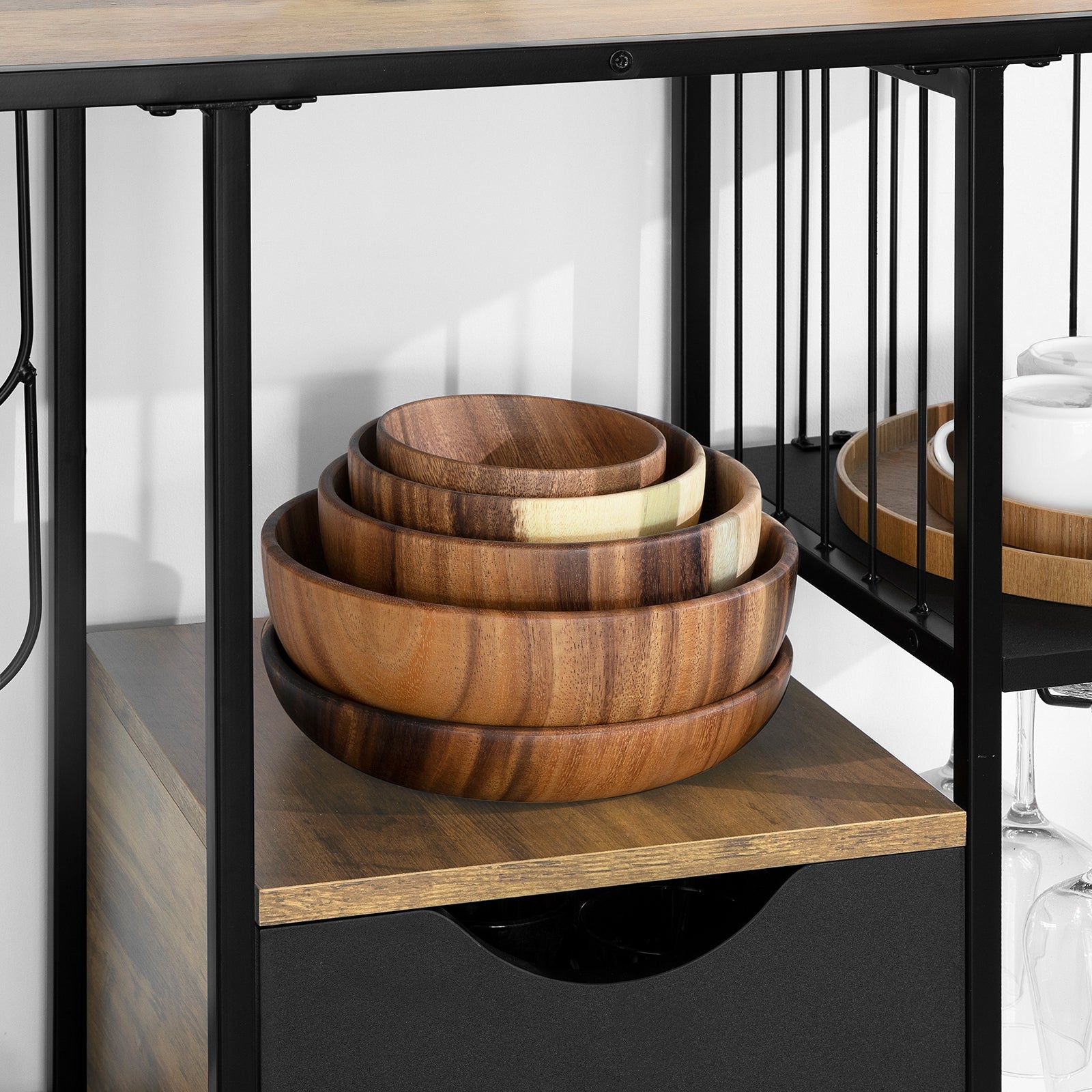 Consolle da Cucina Consolle Tavolo da ingresso Tavolino laterale con 3 ripiani, 1 cassetto, 1 portabottiglie e 2 portabibite stile industriale L100xP33xA95 cm, FSB56-F