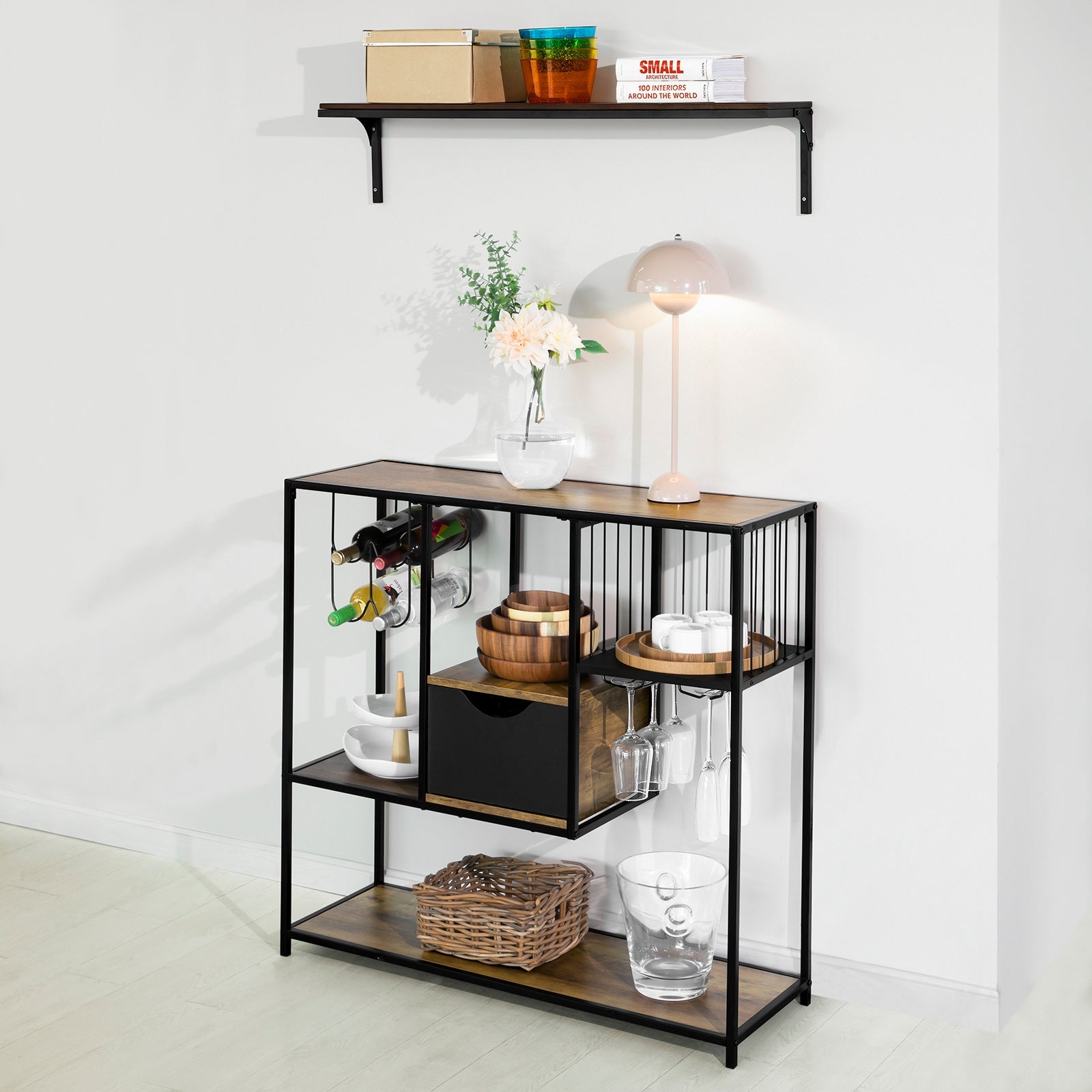 Consolle da Cucina Consolle Tavolo da ingresso Tavolino laterale con 3 ripiani, 1 cassetto, 1 portabottiglie e 2 portabibite stile industriale L100xP33xA95 cm, FSB56-F