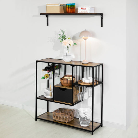 Consolle da Cucina Consolle Tavolo da ingresso Tavolino laterale con 3 ripiani, 1 cassetto, 1 portabottiglie e 2 portabibite stile industriale L100xP33xA95 cm, FSB56-F