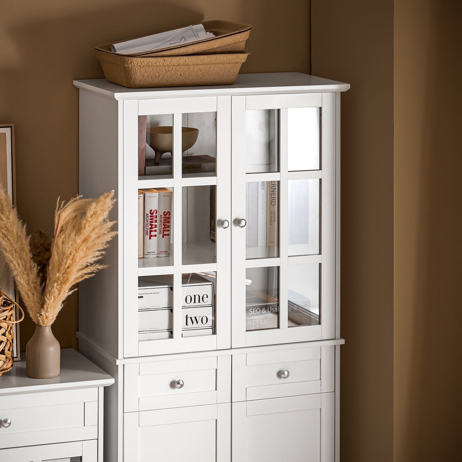 Credenza Alta Per Cucina Mobile Buffet In Legno Con 6 Scomparti E 2 Cassetti Armadio Dispensa In Stile Moderno Bianco 75x40x175cm FSB76-W