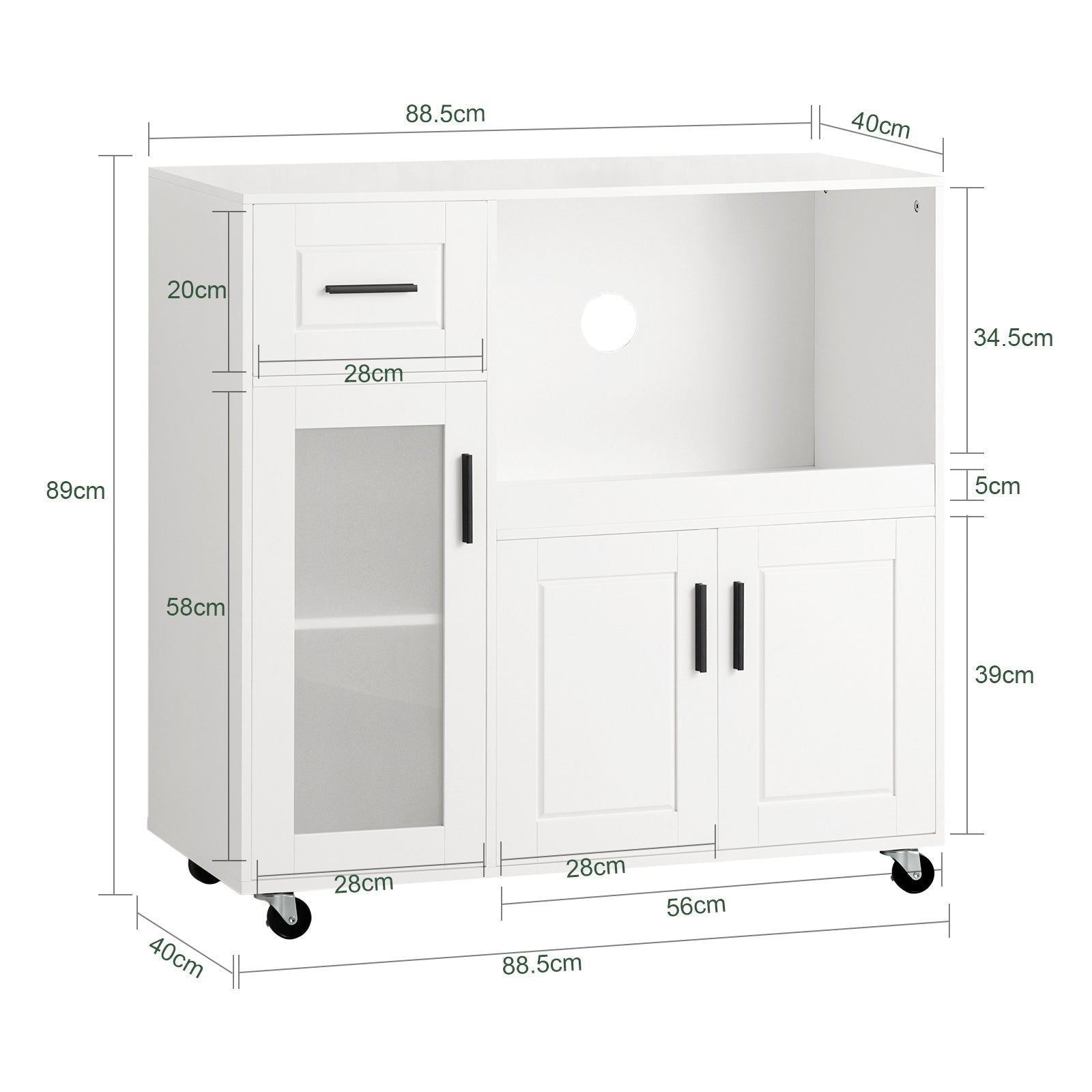 Credenza con ruote Mobile per Microonde da Cucina con 1 Cassetto, 3 Ante Armadio cucina 89x40x89cm coolore bianco FSB78-W SoBuy
