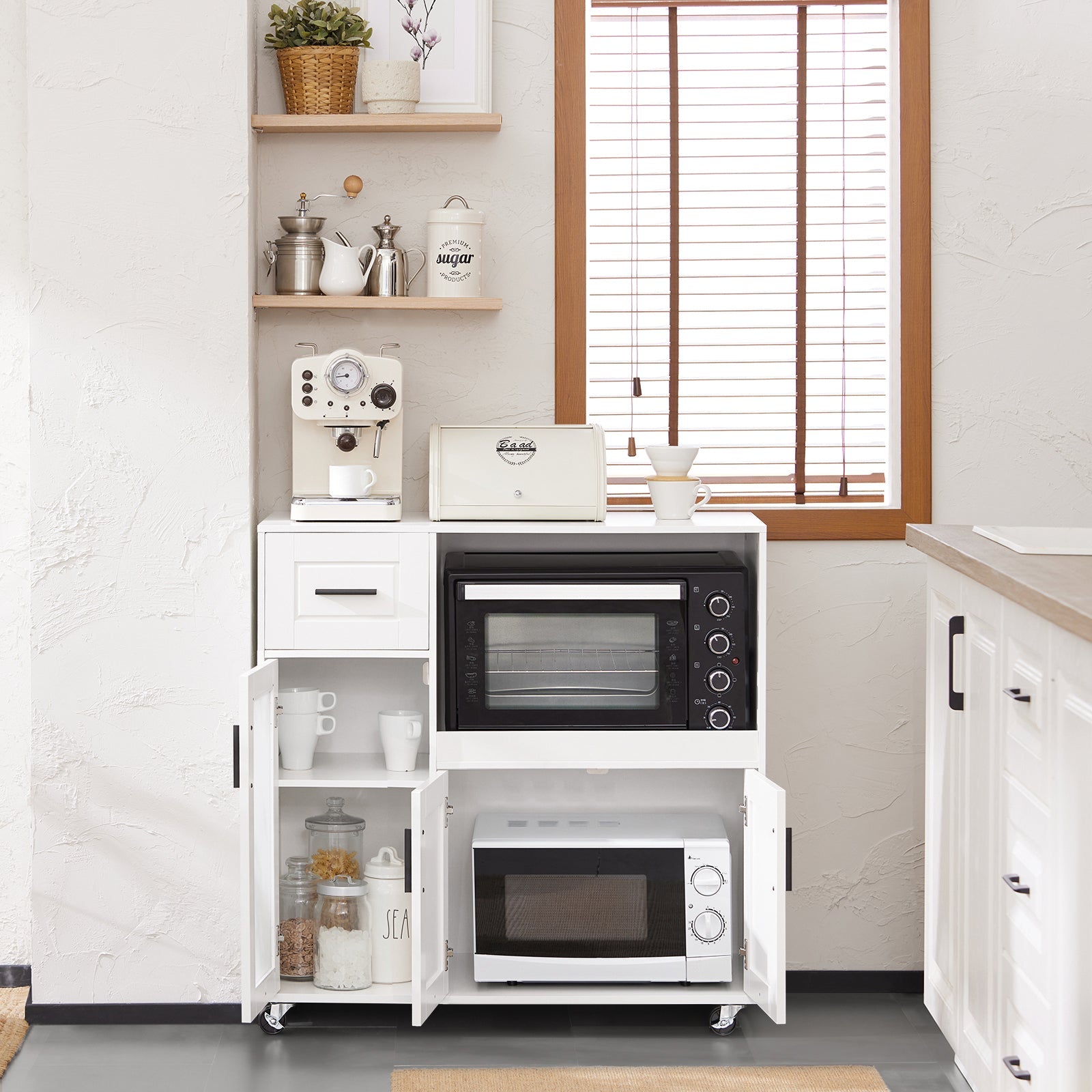 Credenza con ruote Mobile per Microonde da Cucina con 1 Cassetto, 3 Ante Armadio cucina 89x40x89cm coolore bianco FSB78-W SoBuy