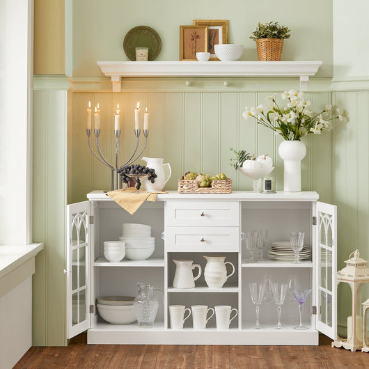 Credenza con 2 ante in vetro e 2 cassetti, Mobile da cucina, Mobile da soggiorno, Buffet, Mobile contenitore, Bianco, 120x39x78cm FSB79-W SoBuy