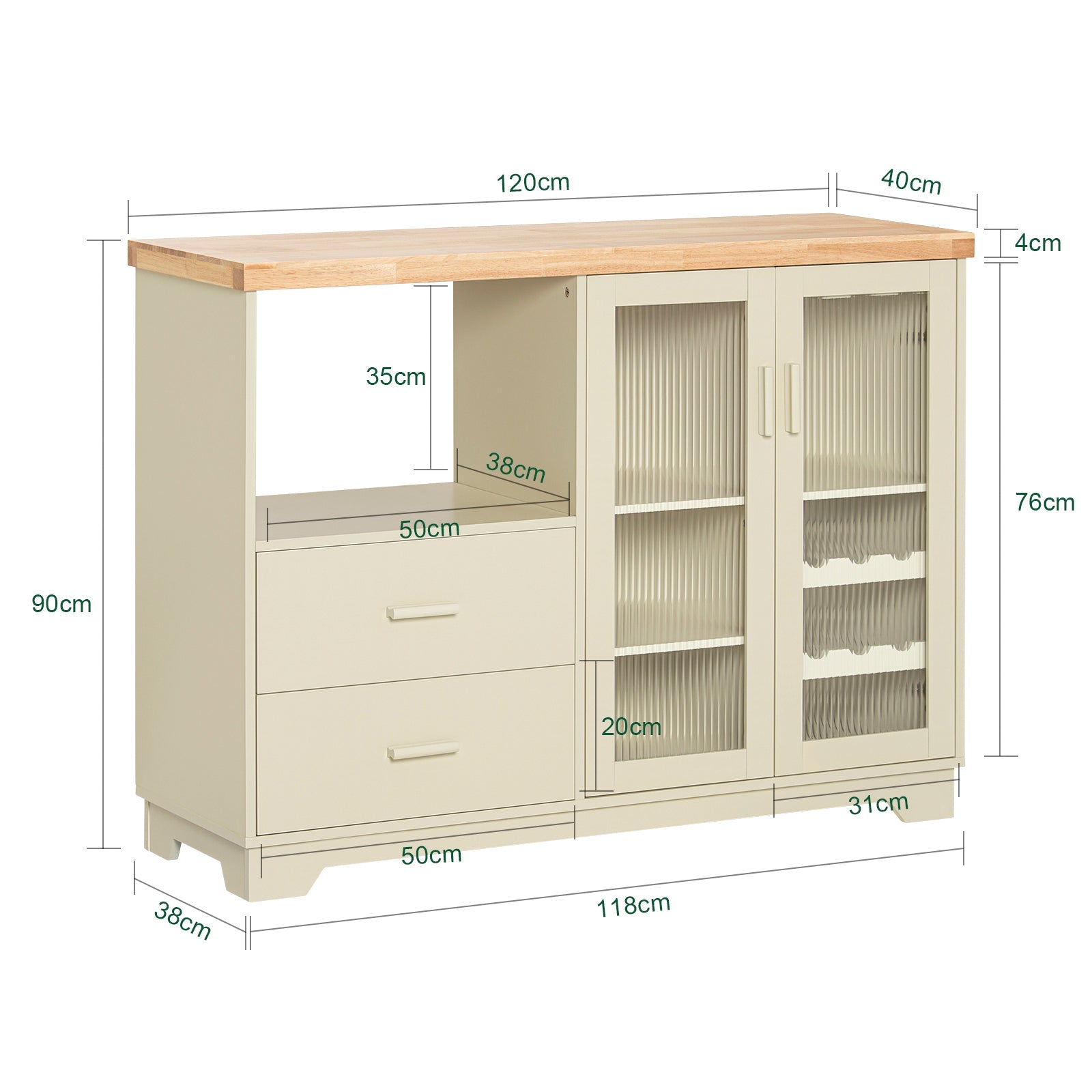 Credenza buffet con 2 ante in vetro Mobile da cucina Mobile microonde 120x40x90cm Beige FSB81-MI SoBuy