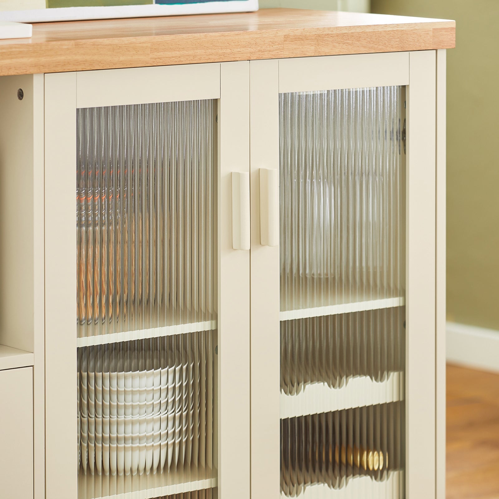 Credenza buffet con 2 ante in vetro Mobile da cucina Mobile microonde 120x40x90cm Beige FSB81-MI SoBuy