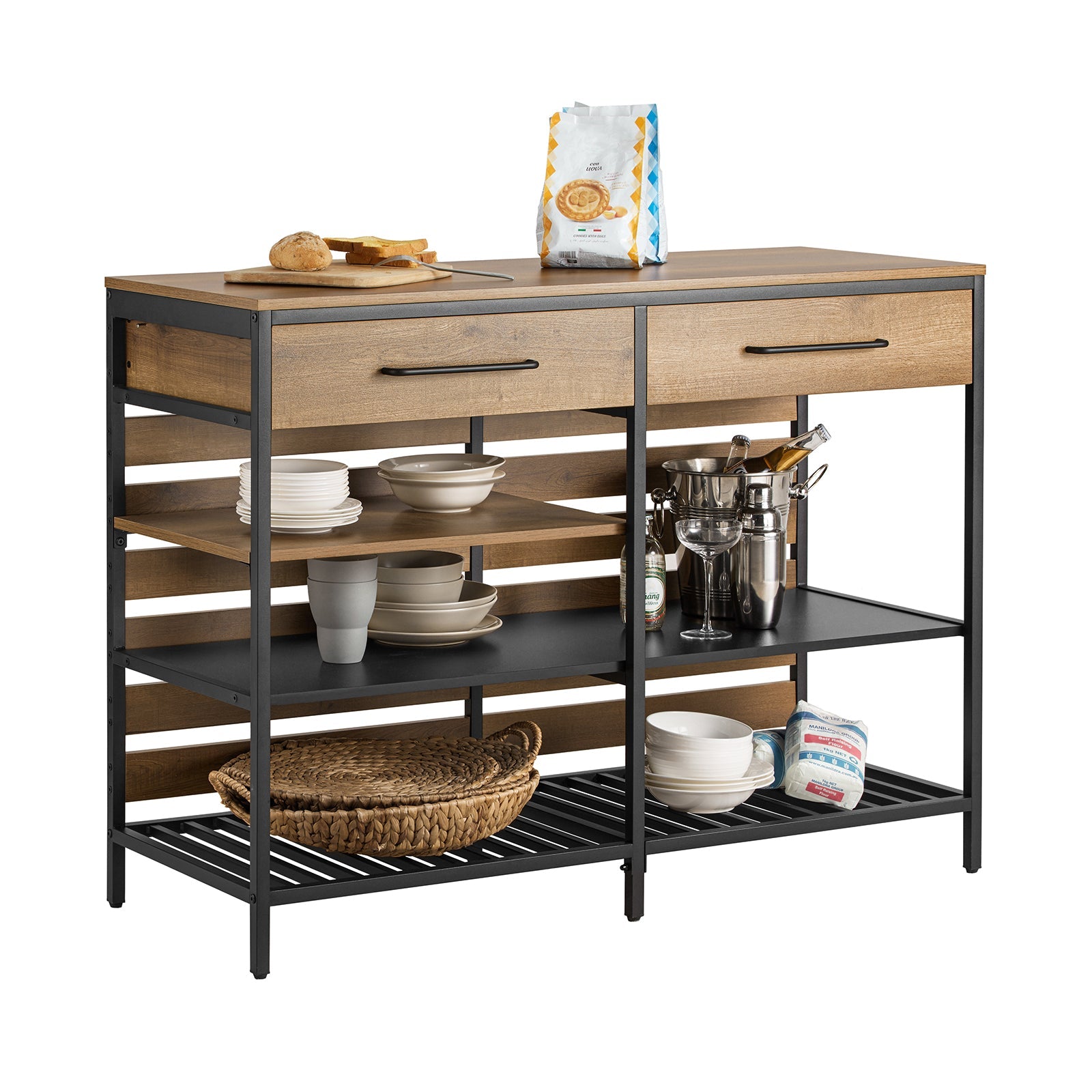 Credenza Isola Cucina Con 1 Cassetto E 5 Ripiani Aperti Cassettiera Credenza Ingresso Tavolo Bar Multifunzionale Stile Vintage 120x45x91cm FSB85-PF SoBuy