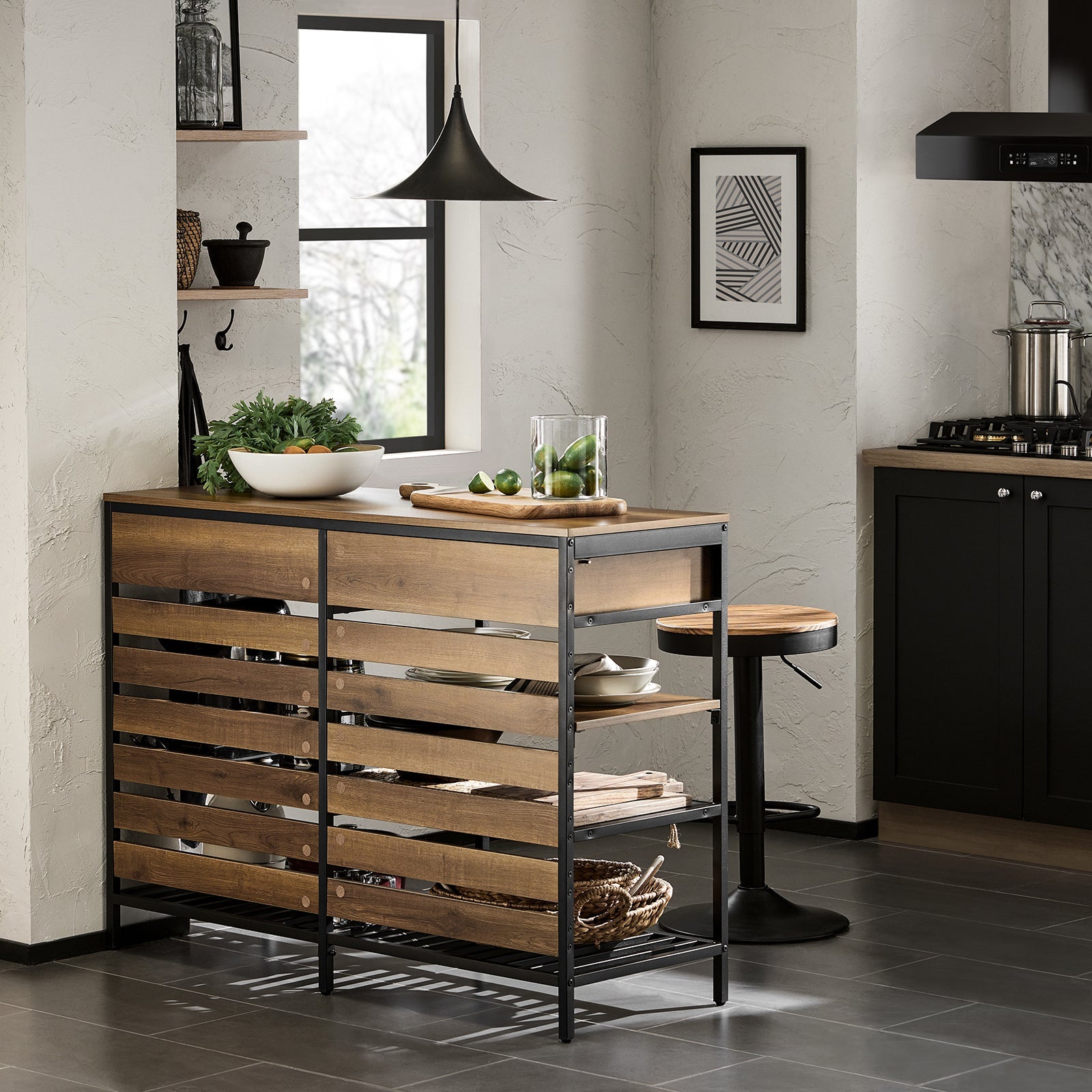 Credenza Isola Cucina Con 1 Cassetto E 5 Ripiani Aperti Cassettiera Credenza Ingresso Tavolo Bar Multifunzionale Stile Vintage 120x45x91cm FSB85-PF SoBuy