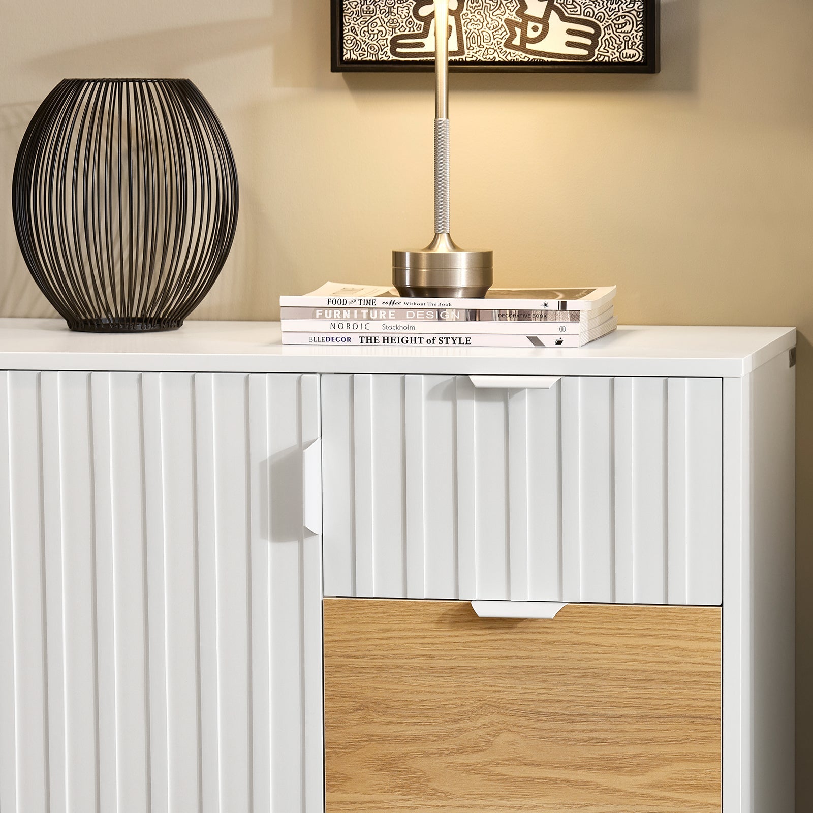 Credenza cucina Credenza Buffet con 3 cassetti Bianco-Naturale 75x35x76cm FSB91-WN