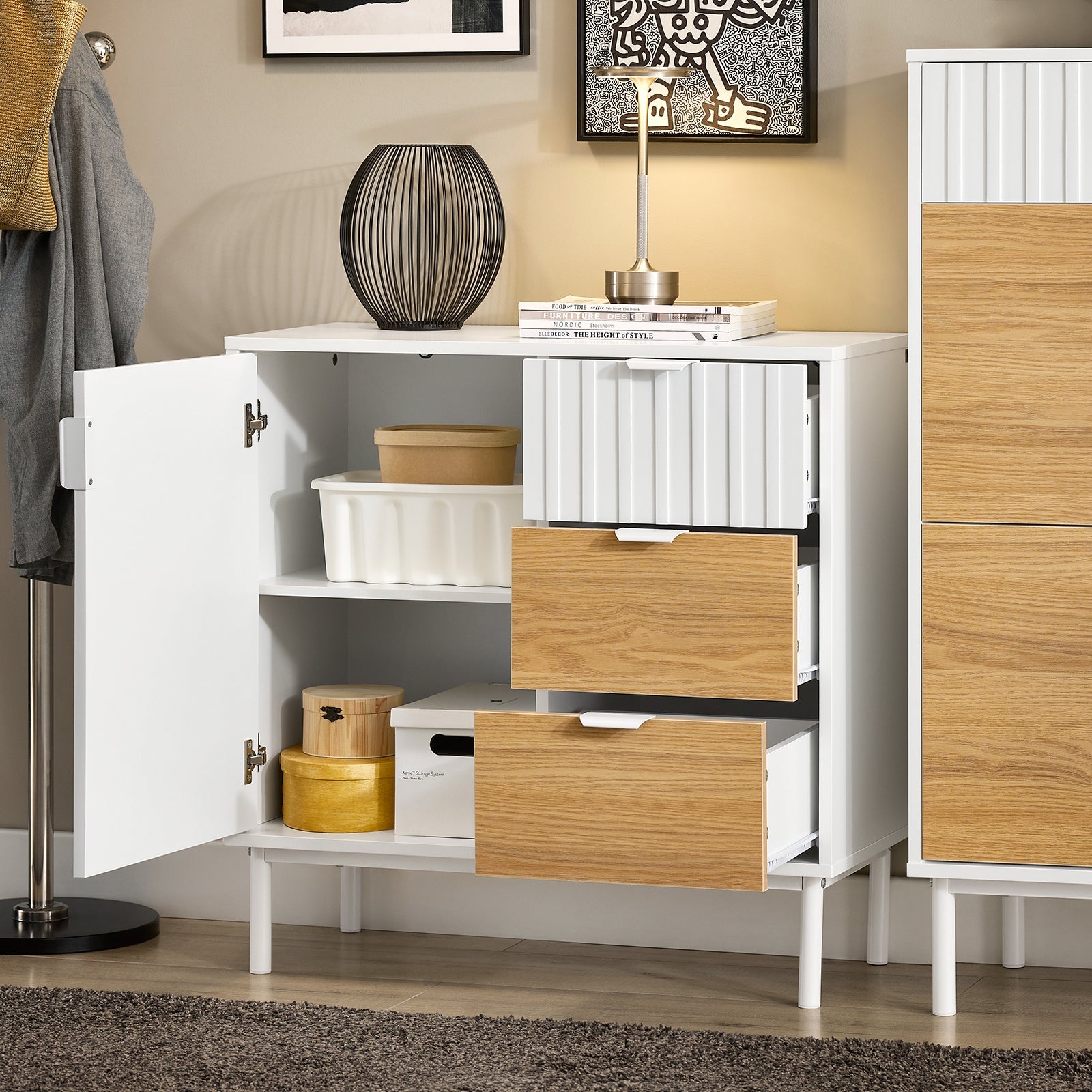 Credenza cucina Credenza Buffet con 3 cassetti Bianco-Naturale 75x35x76cm FSB91-WN