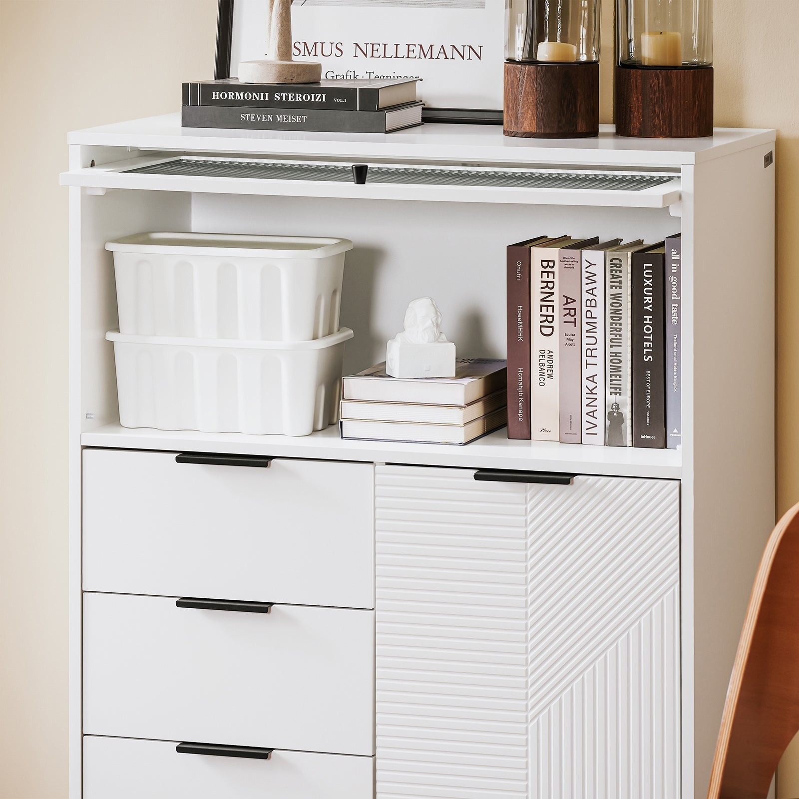 SoBuy Credenza con 3 cassetti e 2 ante, Credenza decorativa, Consolle laterale stretta Bianco 86x40x108cm FSB94-W