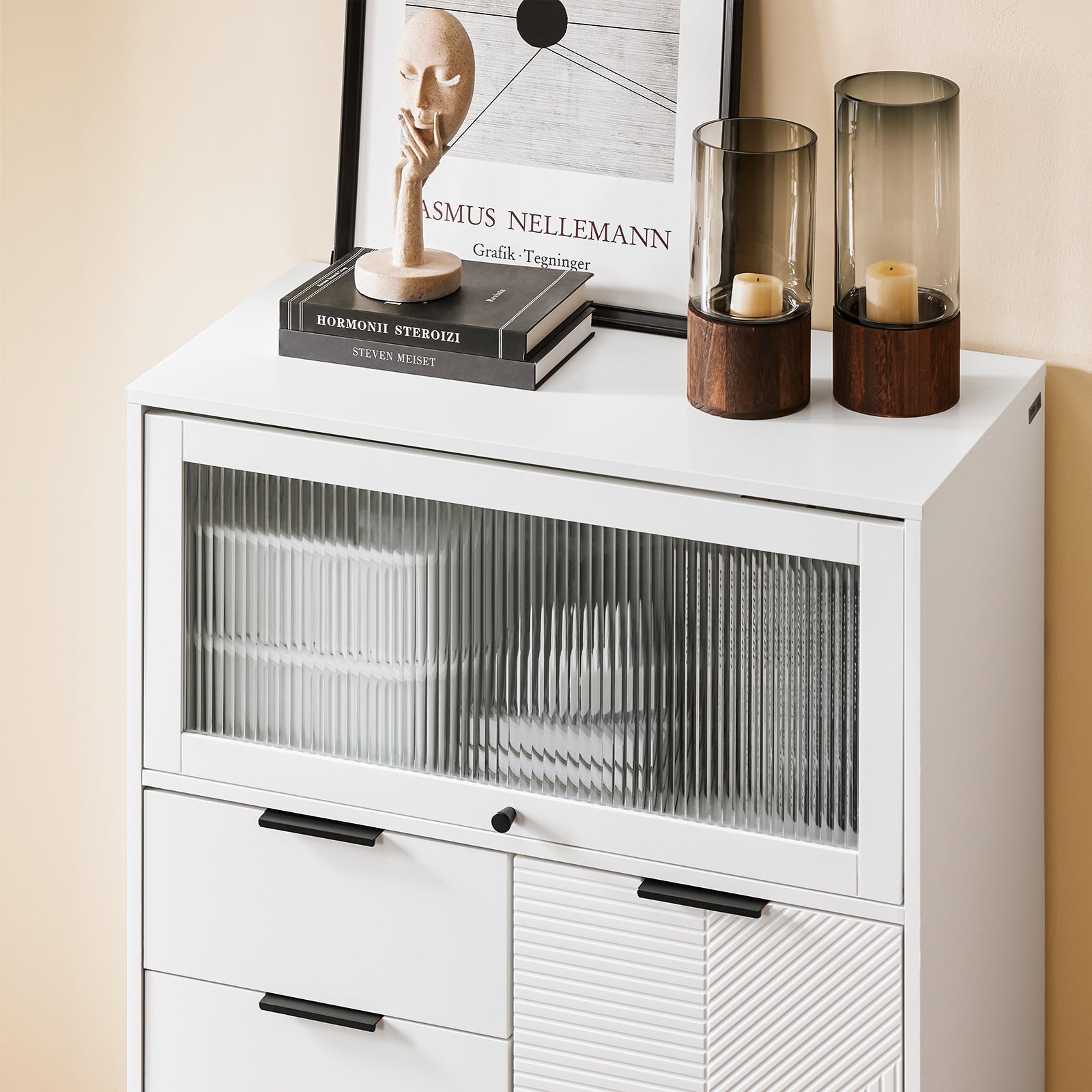 SoBuy Credenza con 3 cassetti e 2 ante, Credenza decorativa, Consolle laterale stretta Bianco 86x40x108cm FSB94-W