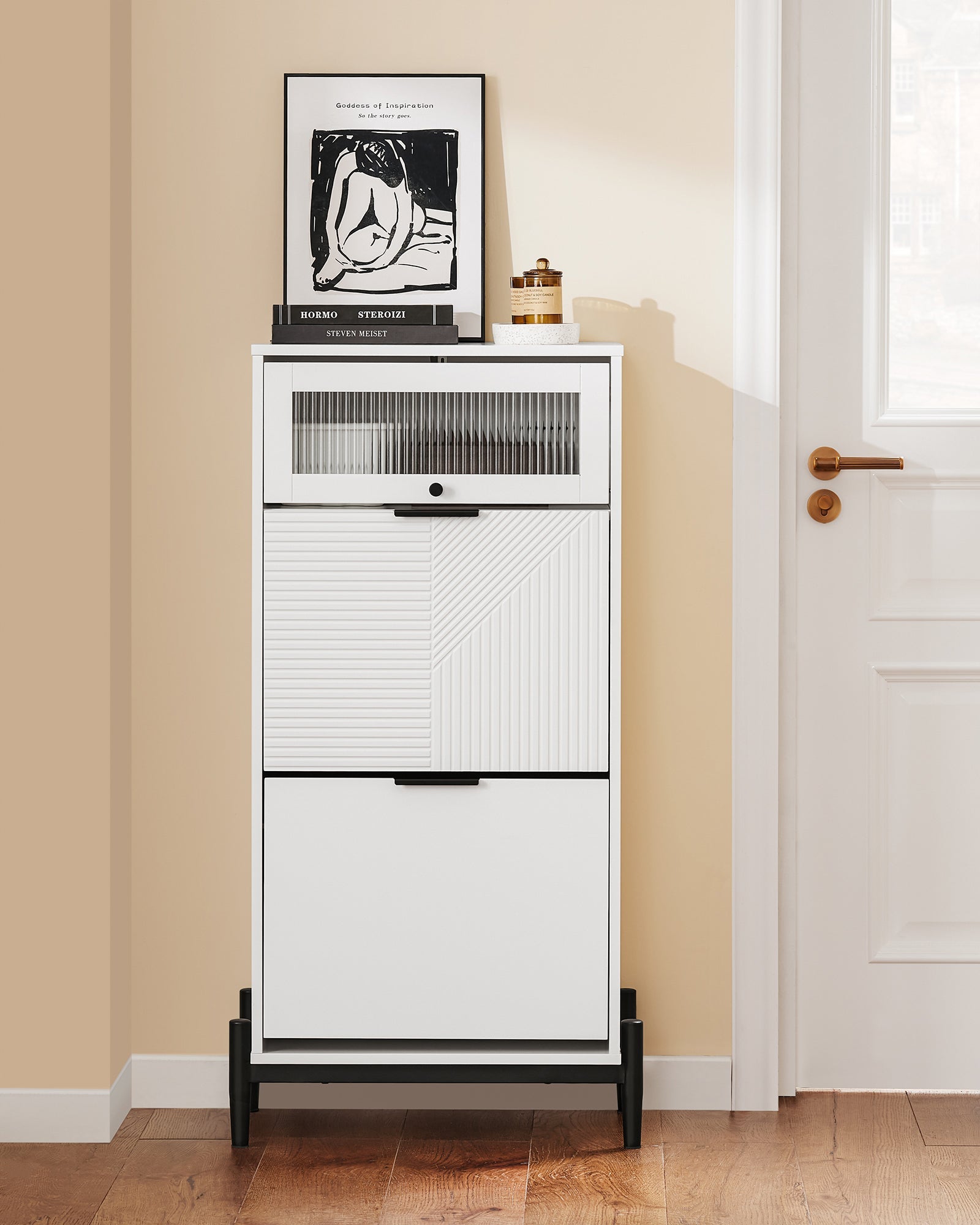 SoBuy Scarpiera con 2 scomparti e 1 anta, Credenza decorativa, Consolle laterale stretta Bianco 59x40x115cm FSB95-W