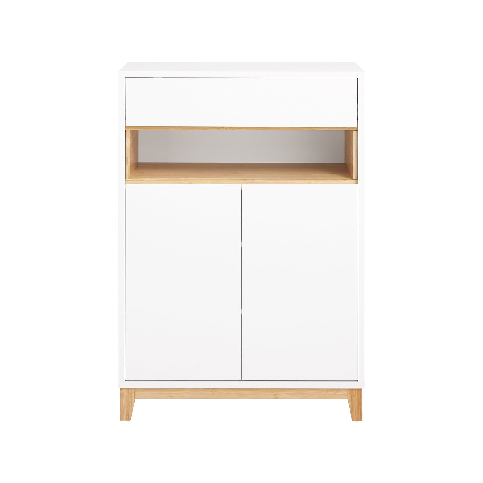 SoBuy Mobile multifunzionale per ingresso, soggiorno e cucina, con 1 cassetto, 1 scomparto e 2 porte, mobile per scarpe e armadio da stoccaggio, Bianco-Naturale L60xP34xA85 cm FSB97-WN