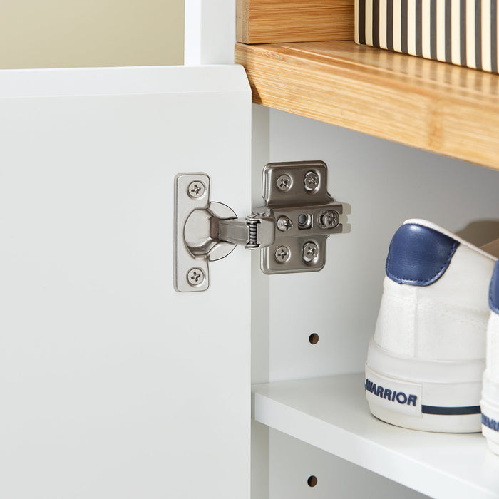 SoBuy Mobile multifunzionale per ingresso, soggiorno e cucina, con 1 cassetto, 1 scomparto e 2 porte, mobile per scarpe e armadio da stoccaggio, Bianco-Naturale L60xP34xA85 cm FSB97-WN