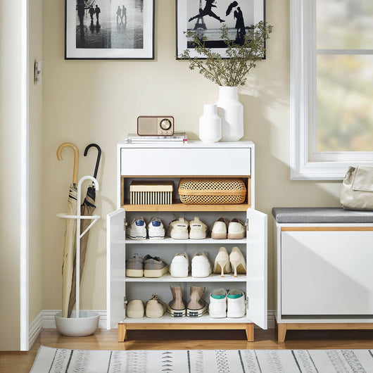 SoBuy Mobile multifunzionale per ingresso, soggiorno e cucina, con 1 cassetto, 1 scomparto e 2 porte, mobile per scarpe e armadio da stoccaggio, Bianco-Naturale L60xP34xA85 cm FSB97-WN
