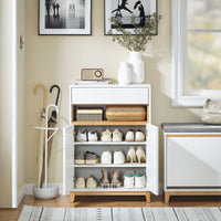 SoBuy Mobile multifunzionale per ingresso, soggiorno e cucina, con 1 cassetto, 1 scomparto e 2 porte, mobile per scarpe e armadio da stoccaggio, Bianco-Naturale L60xP34xA85 cm FSB97-WN