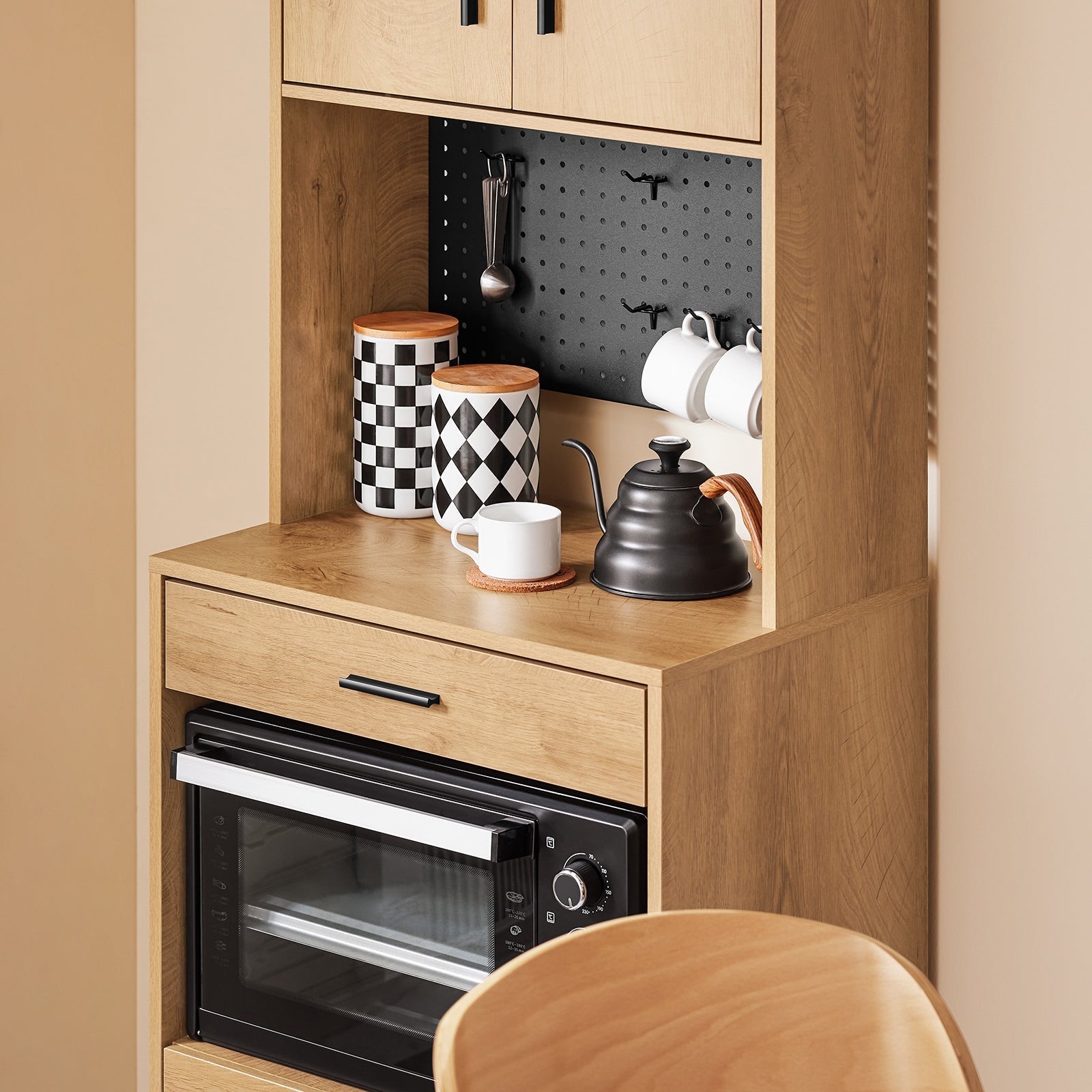 SoBuy Credenza alta da cucina con pegboard Ripiano per microonde e ampio spazio contenitivo Mobile multiuso vintage Naturale 60x40x170 cm FSB98-N