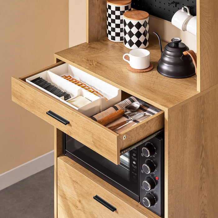 SoBuy Credenza alta da cucina con pegboard Ripiano per microonde e ampio spazio contenitivo Mobile multiuso vintage Naturale 60x40x170 cm FSB98-N