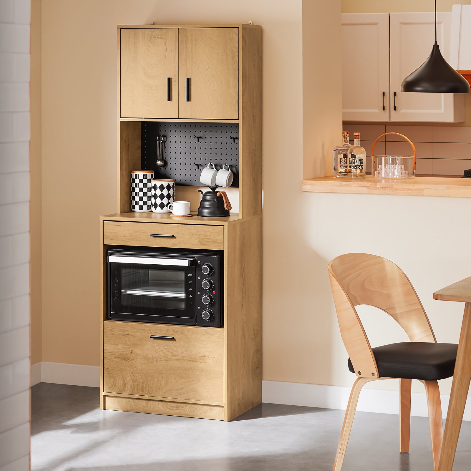 SoBuy Credenza alta da cucina con pegboard Ripiano per microonde e ampio spazio contenitivo Mobile multiuso vintage Naturale 60x40x170 cm FSB98-N