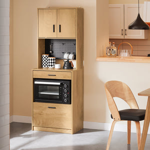 SoBuy Credenza alta da cucina con pegboard Ripiano per microonde e ampio spazio contenitivo Mobile multiuso vintage Naturale 60x40x170 cm FSB98-N