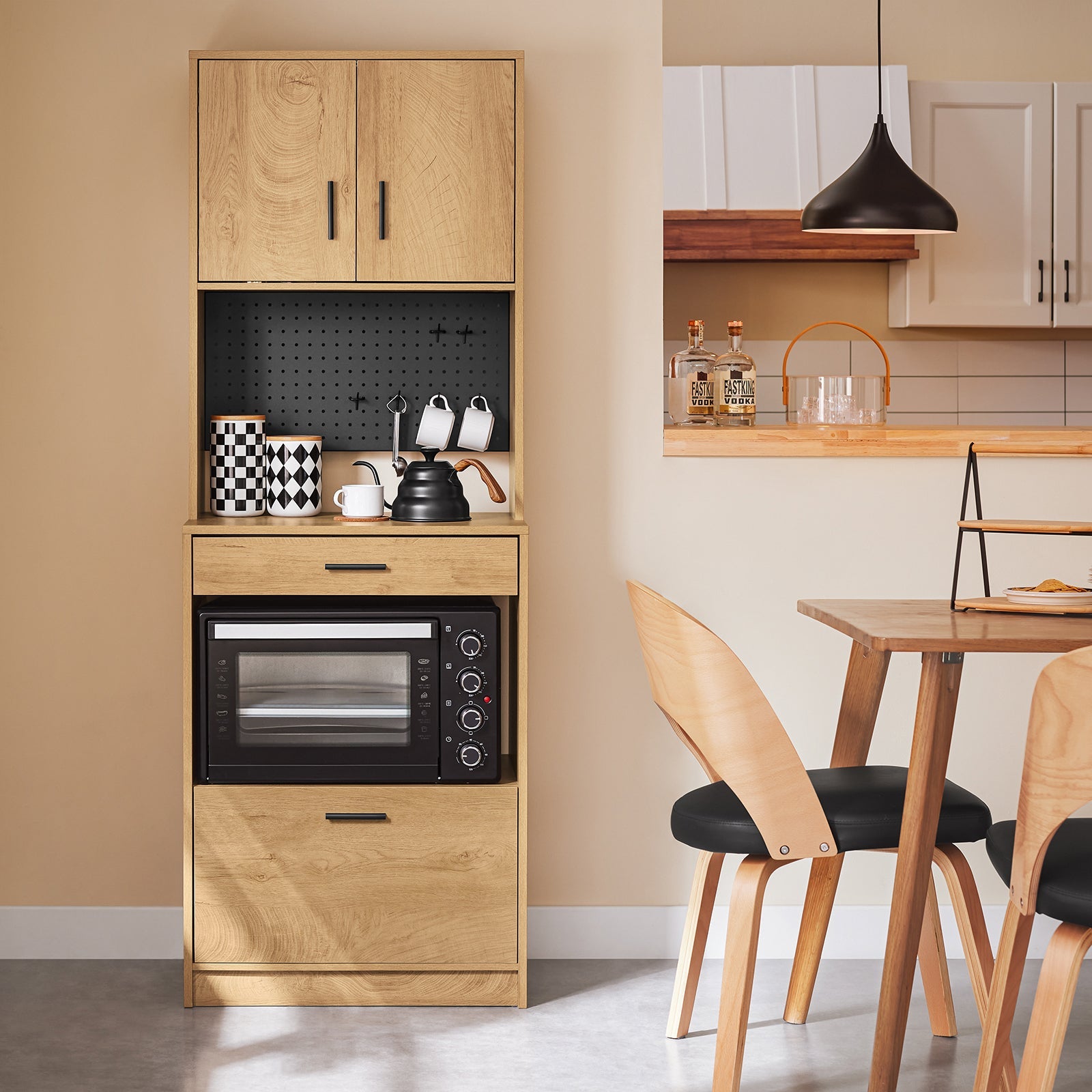 SoBuy Credenza alta da cucina con pegboard Ripiano per microonde e ampio spazio contenitivo Mobile multiuso vintage Naturale 60x40x170 cm FSB98-N