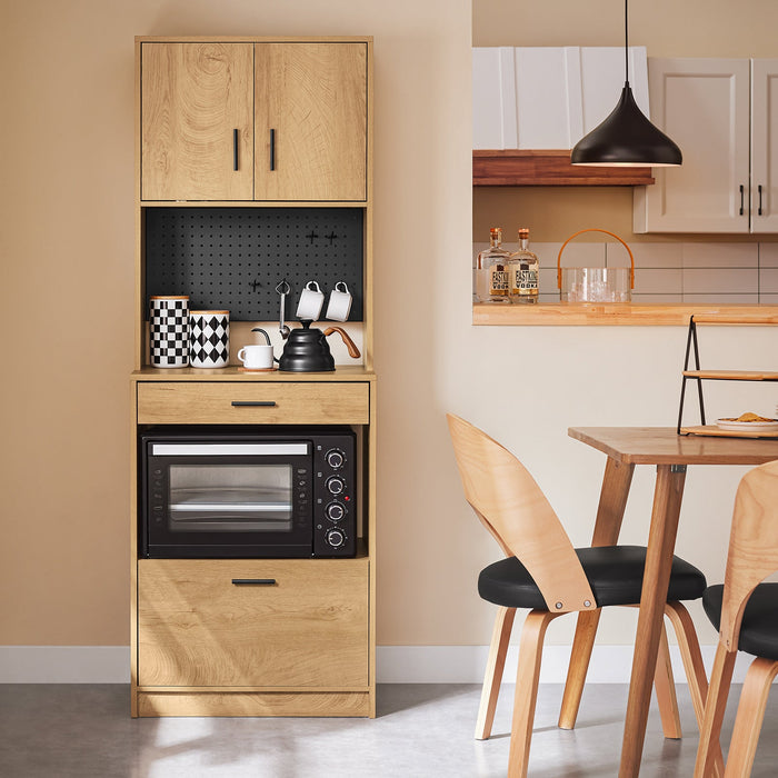 SoBuy Credenza alta da cucina con pegboard Ripiano per microonde e ampio spazio contenitivo Mobile multiuso vintage Naturale 60x40x170 cm FSB98-N