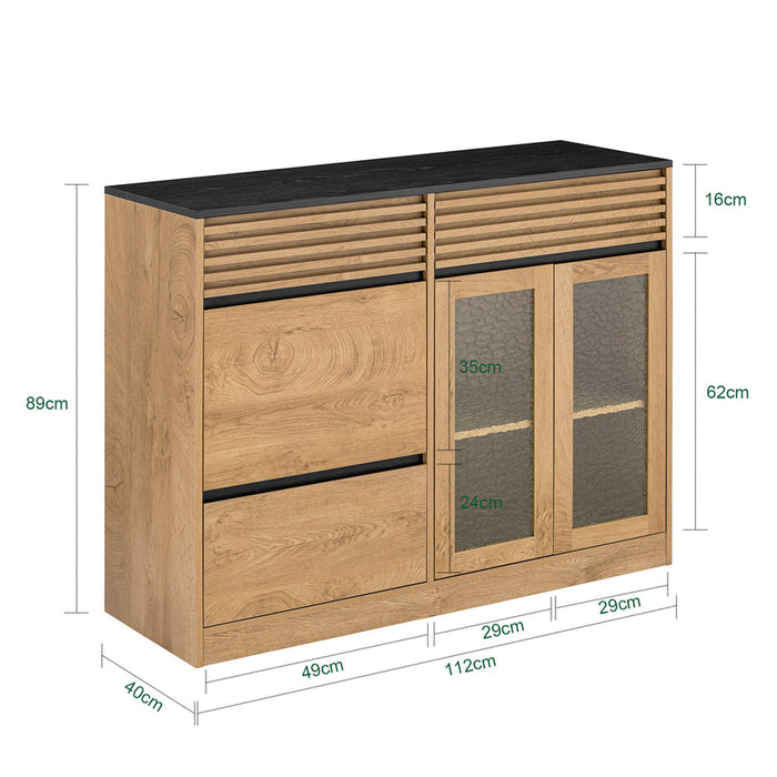 SoBuy Credenza cucina Mobile Cucina con 2 ante in vetro e 3 cassetti Mobile da soggiorno Buffet Naturale 112x40x89 cm FSB99-N