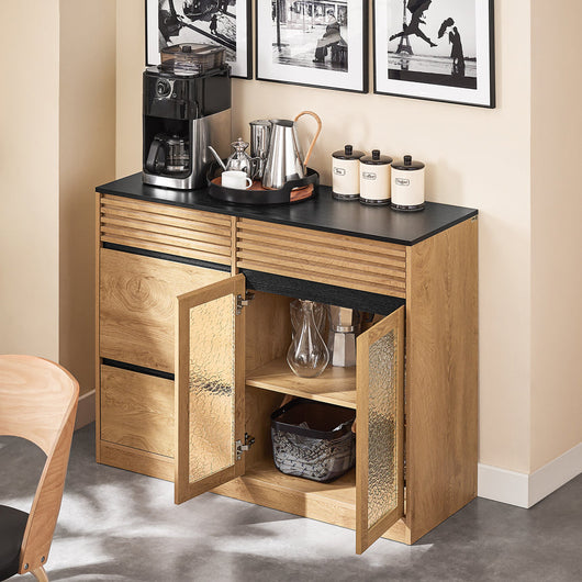 SoBuy Credenza cucina Mobile Cucina con 2 ante in vetro e 3 cassetti Mobile da soggiorno Buffet Naturale 112x40x89 cm FSB99-N