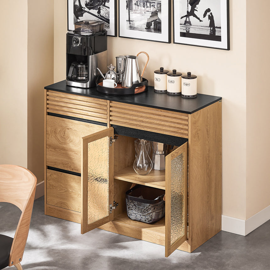 SoBuy Credenza cucina Mobile Cucina con 2 ante in vetro e 3 cassetti Mobile da soggiorno Buffet Naturale 112x40x89 cm FSB99-N