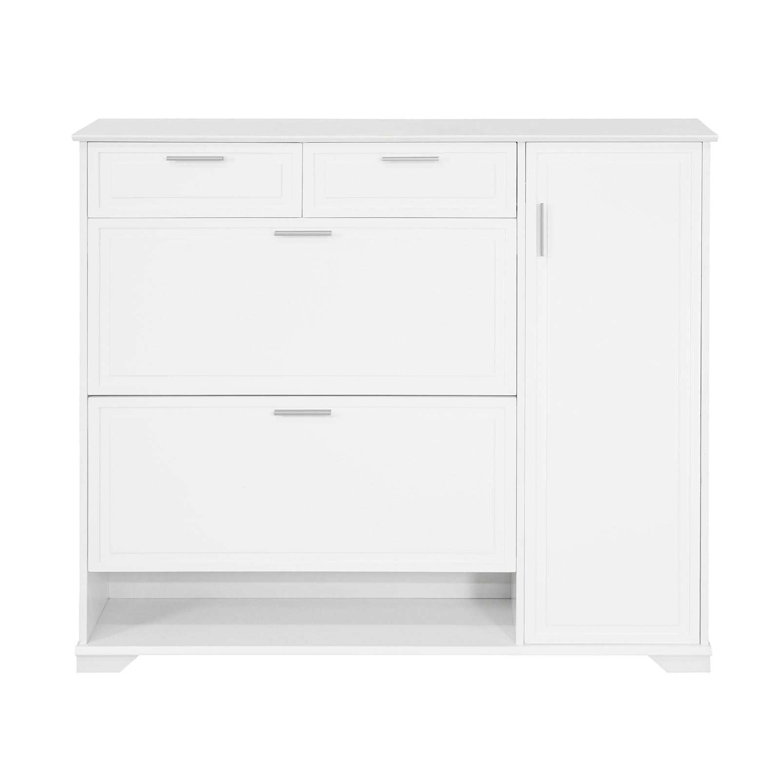 Scarpiera con 2 ribalte, 1 vano a giorno e 1 anta, Scarpiera stretta con cassetti, Bianco, 120x26x111 cm FSR104-W