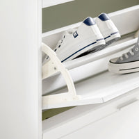 Scarpiera con 2 ribalte, 1 vano a giorno e 1 anta, Scarpiera stretta con cassetti, Bianco, 120x26x111 cm FSR104-W