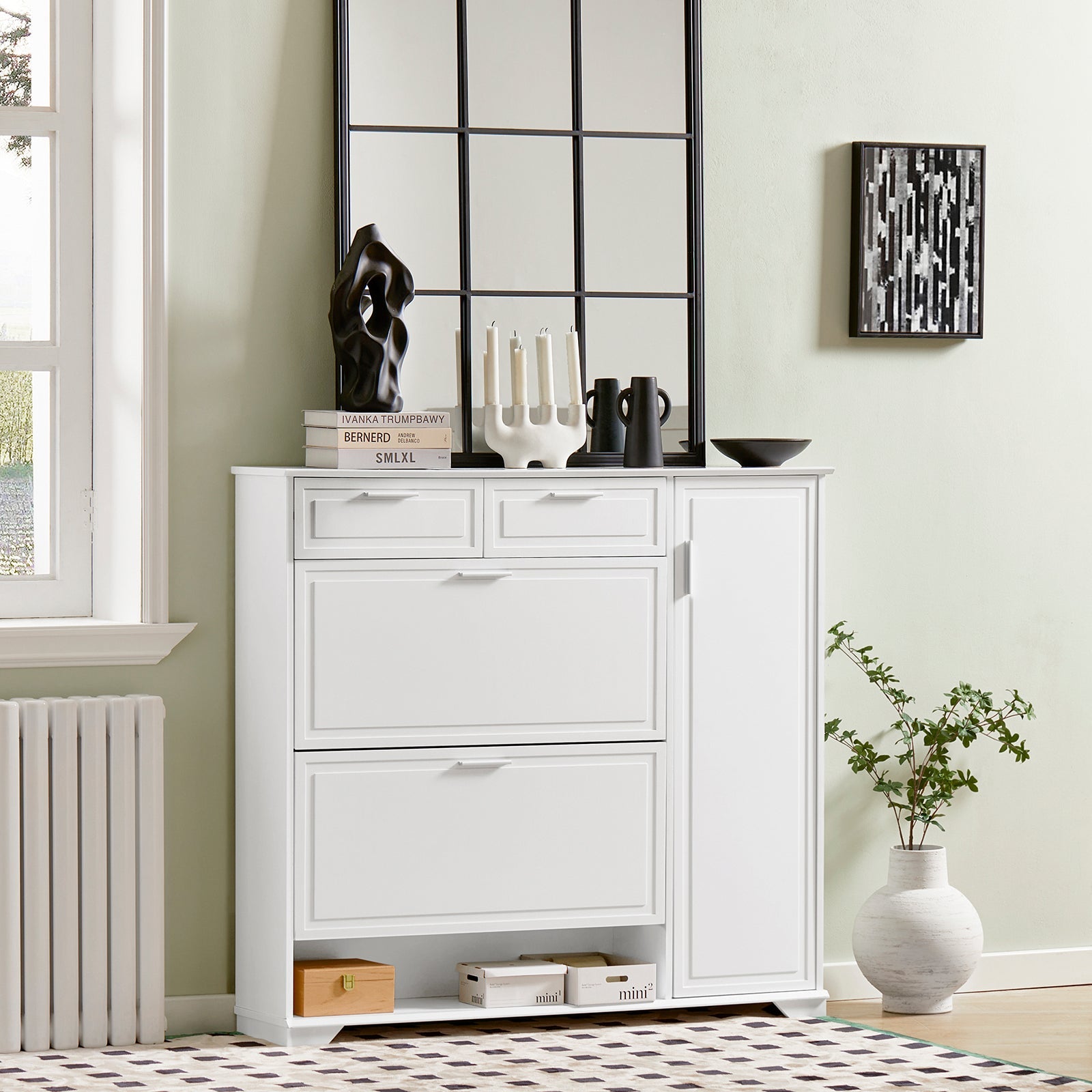 Scarpiera con 2 ribalte, 1 vano a giorno e 1 anta, Scarpiera stretta con cassetti, Bianco, 120x26x111 cm FSR104-W