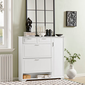 Scarpiera con 2 ribalte, 1 vano a giorno e 1 anta, Scarpiera stretta con cassetti, Bianco, 120x26x111 cm FSR104-W