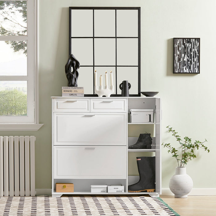 Scarpiera con 2 ribalte, 1 vano a giorno e 1 anta, Scarpiera stretta con cassetti, Bianco, 120x26x111 cm FSR104-W