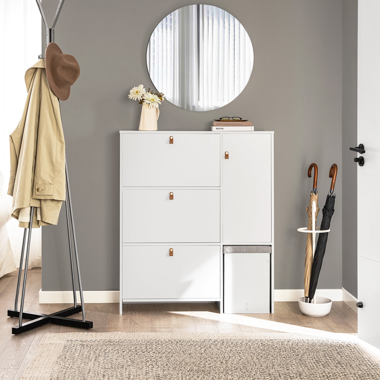 Scarpiera ribaltabile con 3 ribalte Scarpiera con 6 ripiani Scarpiera con sedia Mobile Ingresso 95x30x113 cm FSR107-W