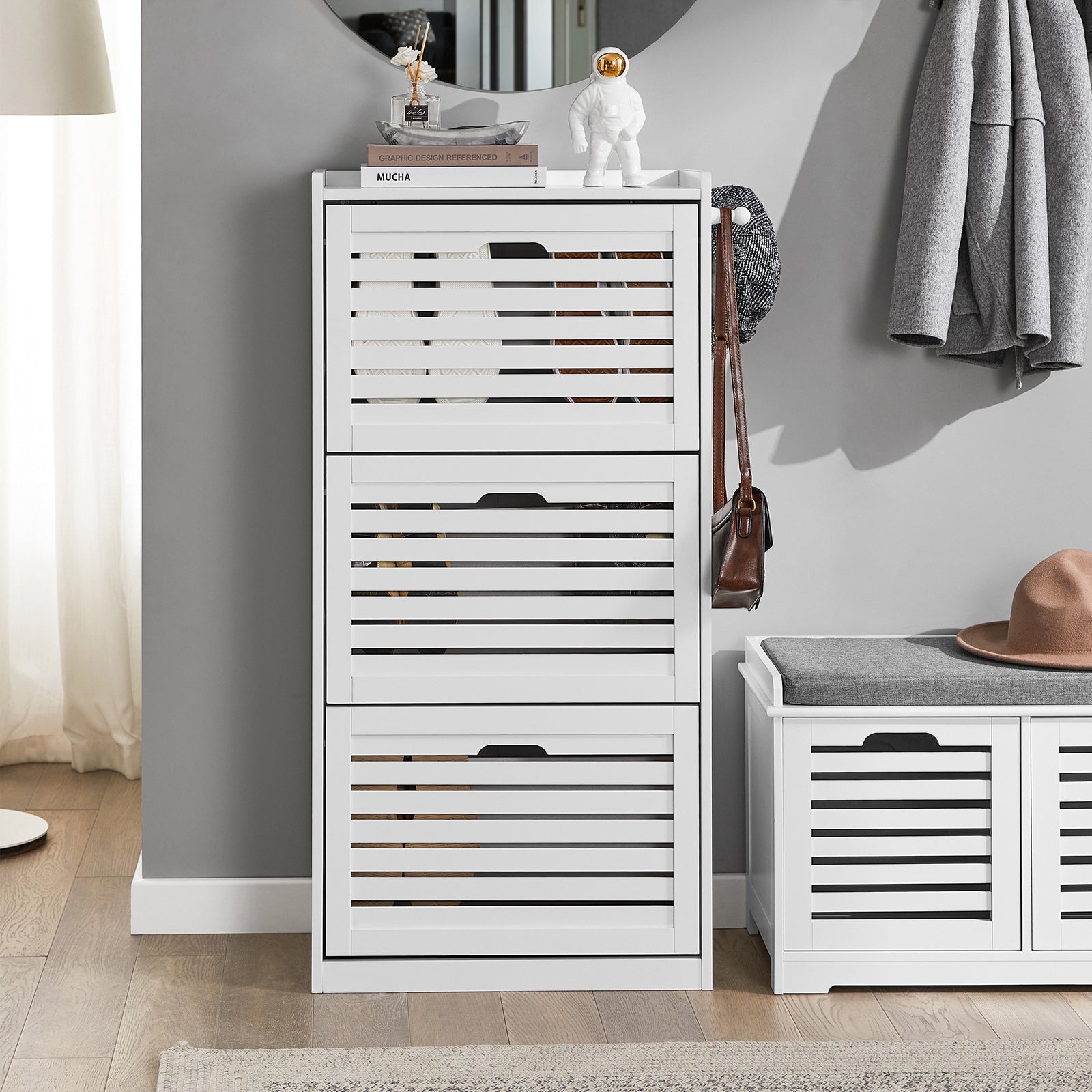 Scarpiera con 3 ribalte Scarpiera con 6 ripiani Portascarpe salvaspazio regolabili bianco, FSR108-W