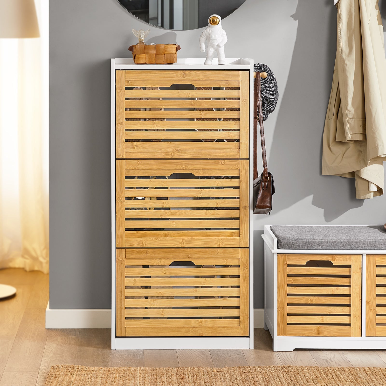 Scarpiera con 3 ribalte Scarpiera con 6 ripiani Portascarpe salvaspazio regolabili Naturale, FSR108-WN