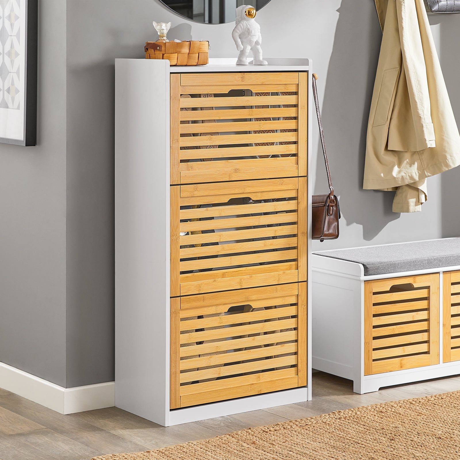 Scarpiera con 3 ribalte Scarpiera con 6 ripiani Portascarpe salvaspazio regolabili Naturale, FSR108-WN